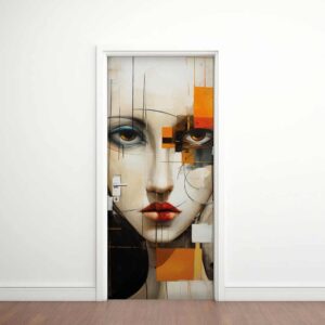 Modern 8 - Rivestimento Per Porta adesivo in vinile con volto di donna astratto e dettagli geometrici arancioni