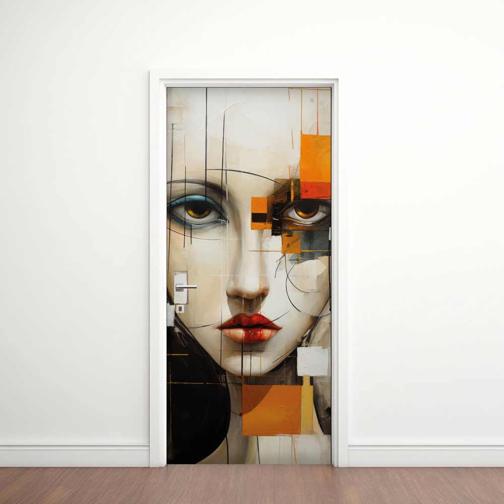 Modern 8 - Rivestimento Per Porta adesivo in vinile con volto di donna astratto e dettagli geometrici arancioni