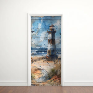 Ocean 3 - Rivestimento Per Porta adesivo in vinile con grafica in acquerello raffigurante un faro sulla spiaggia