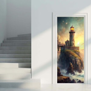 Ocean 1 - Rivestimento Per Porta adesivo in vinile con suggestivo faro illuminato su scogliera al tramonto