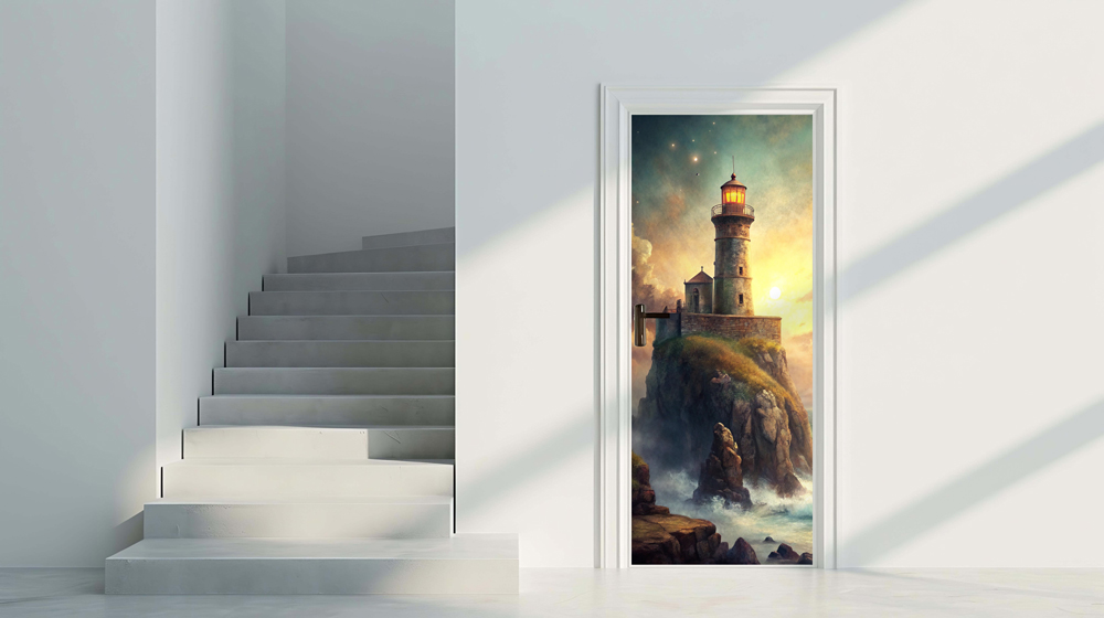 Ocean 1 - Rivestimento Per Porta adesivo in vinile con suggestivo faro illuminato su scogliera al tramonto