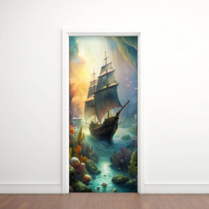 Ocean 2 - Rivestimento Per Porta adesivo in vinile con veliero fantasy e scogliera sottomarina