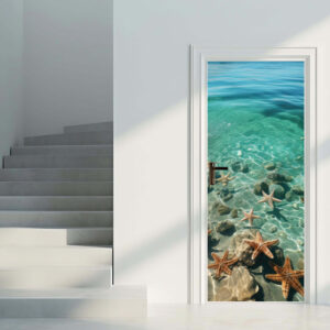 Ocean 4 - Rivestimento Per Porta adesivo in vinile con fondale marino trasparente e stelle marine