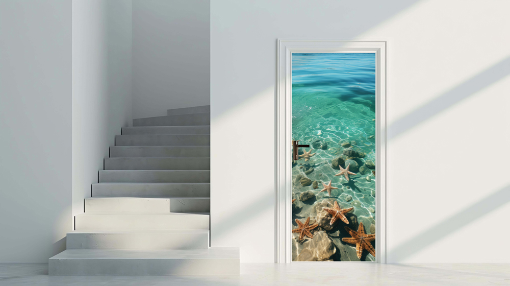 Ocean 4 - Rivestimento Per Porta adesivo in vinile con fondale marino trasparente e stelle marine