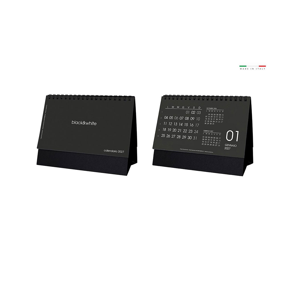calendario-da-tavolo-black-white-13-fogli-carta-usomano-100g-piedino-personalizzabile colore nero