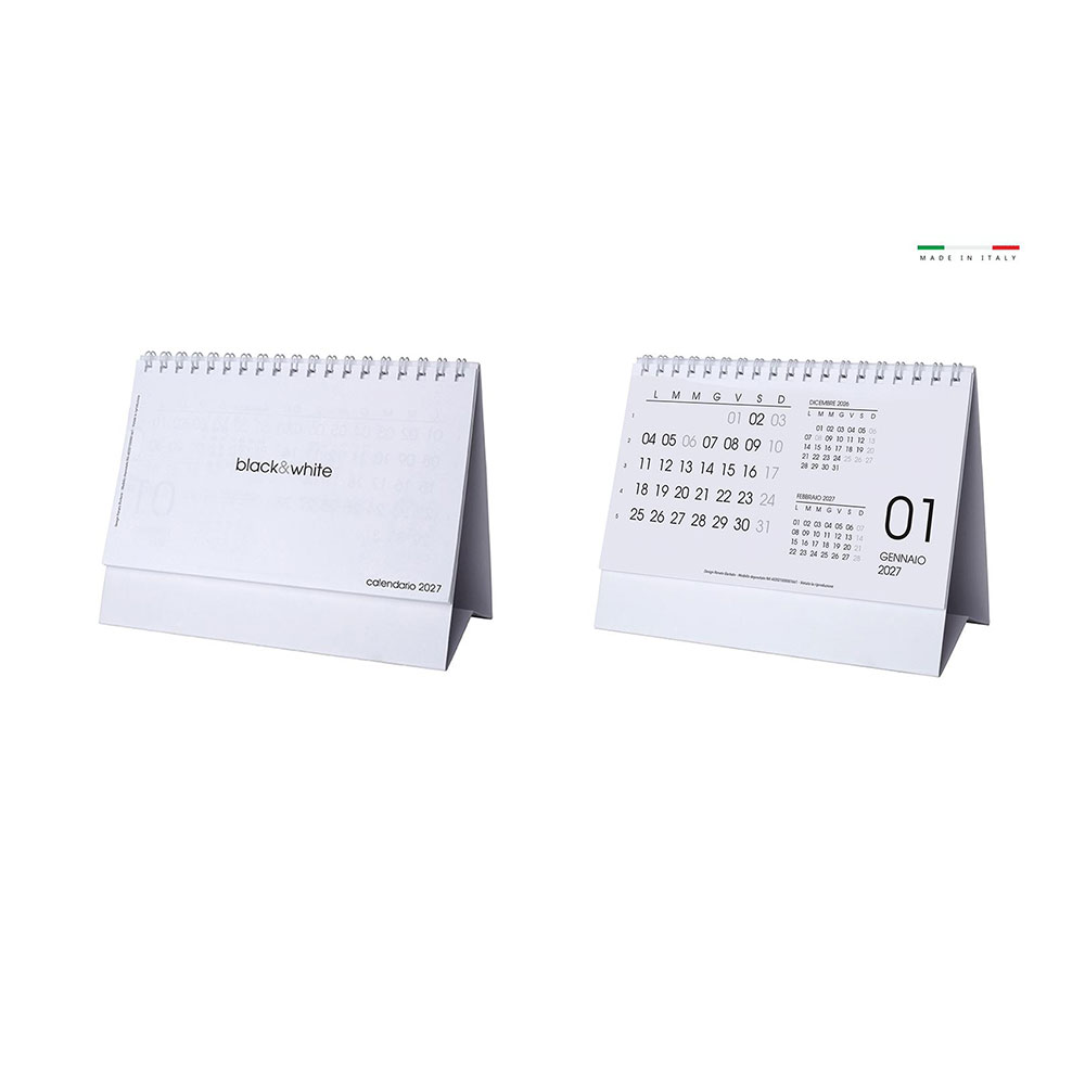 calendario-da-tavolo-black-white-13-fogli-carta-usomano-100g-piedino-personalizzabile colore bianco