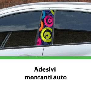 Adesivi per montanti auto Color Pop in vinile con grafica circolare multicolore applicati su auto bianca
