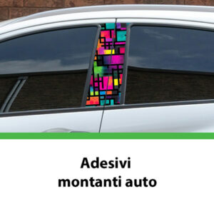 Adesivi per montanti auto Color Sync in vinile con grafica astratta multicolore applicati su auto bianca