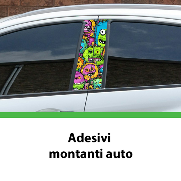 Adesivi per montanti auto Creature Pop in vinile con grafica pop colorata applicati su auto bianca