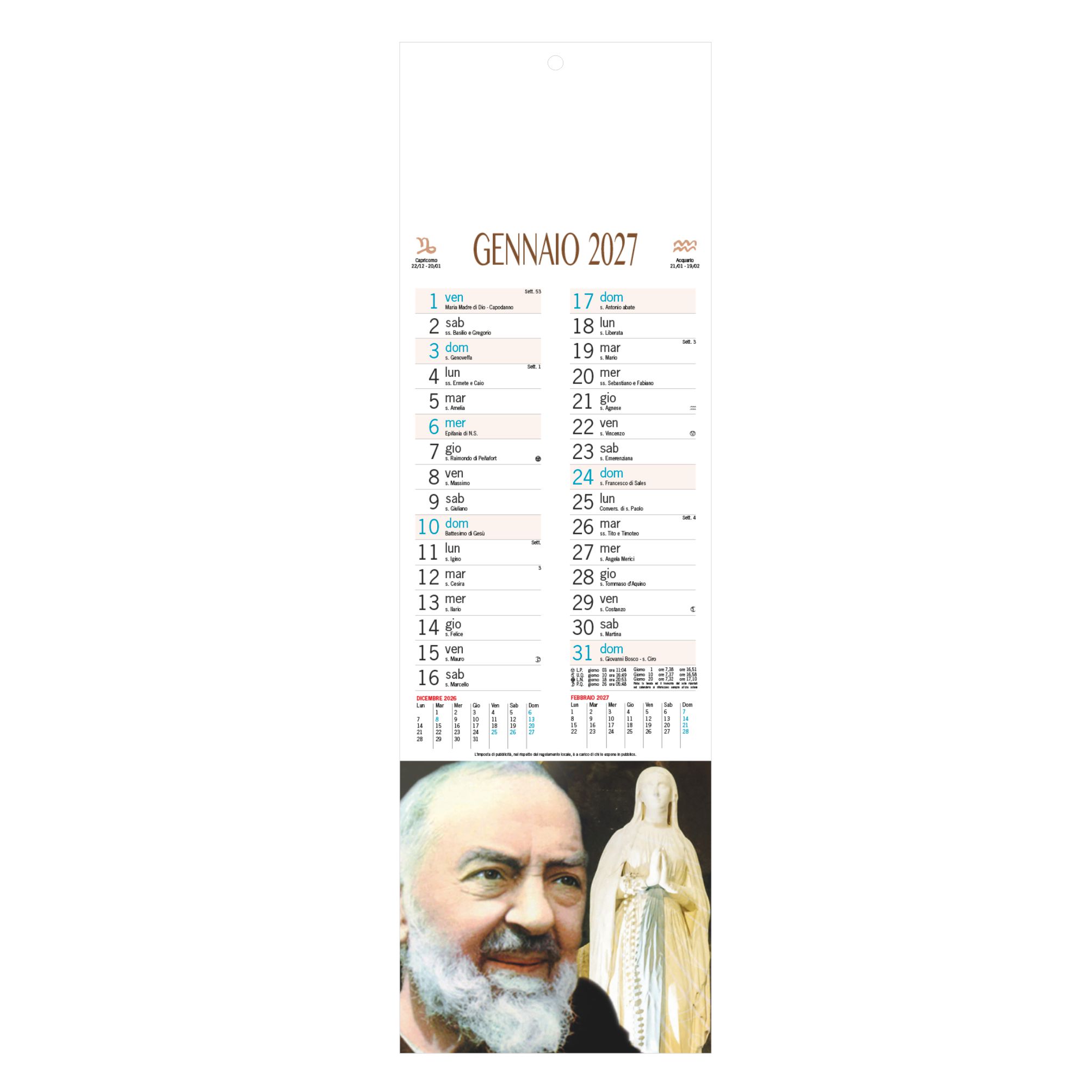 Fronte del calendario san pio trimestrale 12 fogli carta patinata testata pressofusa personalizzabile