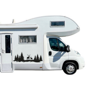 adesivo camper montagne 2 cervi alberi prespaziato vinile 75x30 cm application tape natura selvaggia