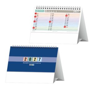 fronte e retro del calendario multicolor da tavolo trimestrale 13 fogli carta patinata opaca piedino personalizzabile