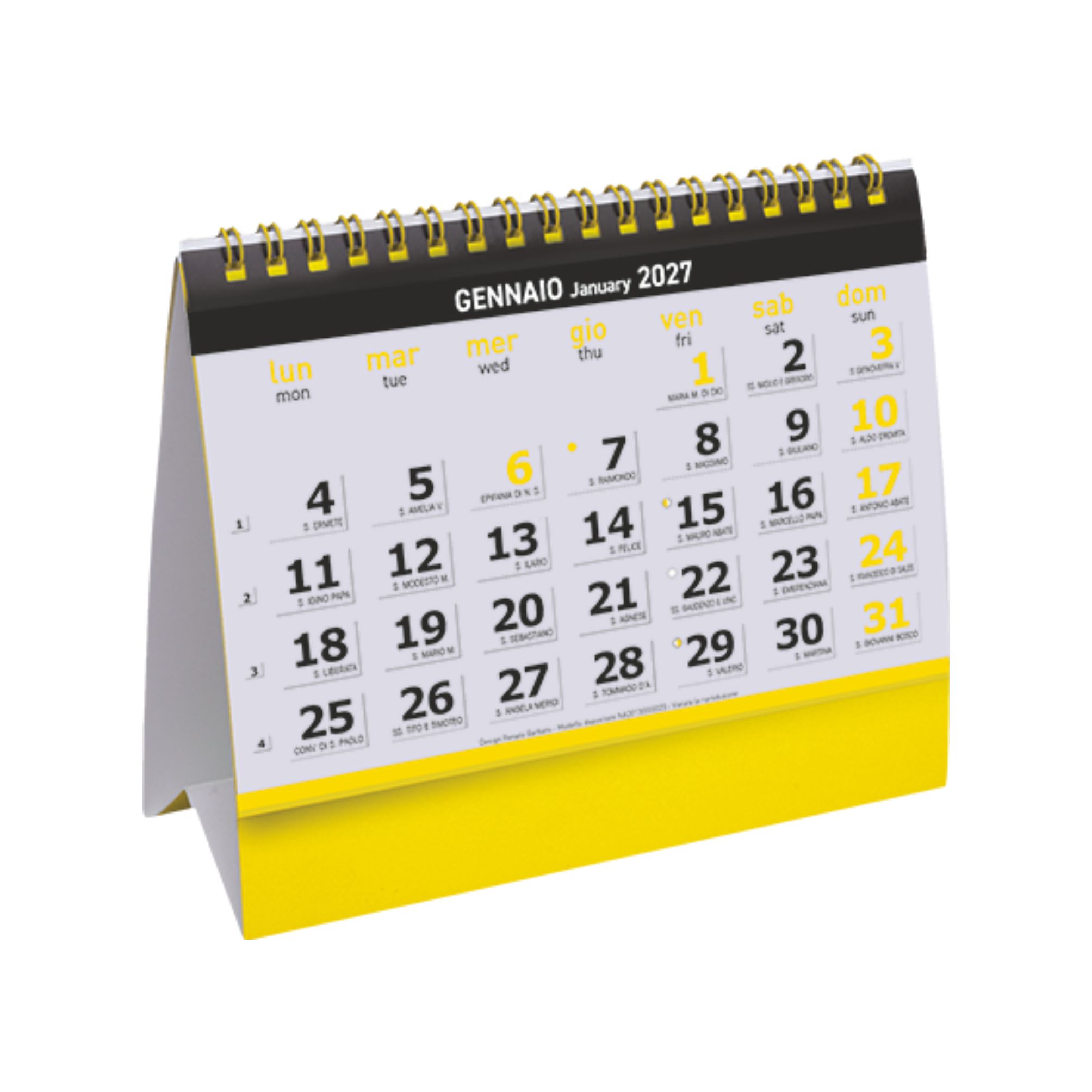 calendario da tavolo essential desk mensile 12 fogli carta patinata 130g piedino personalizzabile giallo