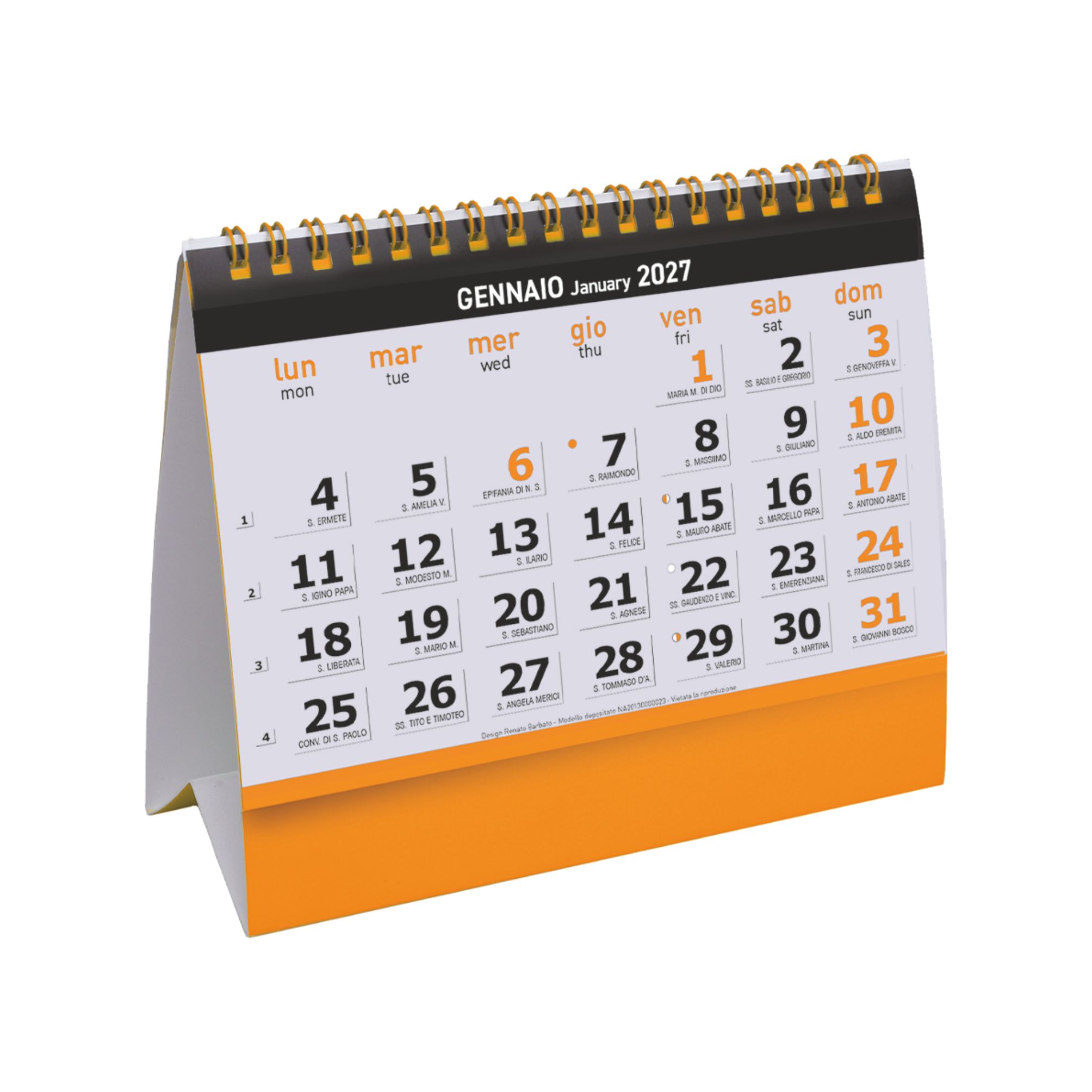 calendario da tavolo essential desk mensile 12 fogli carta patinata 130g piedino personalizzabile arancio