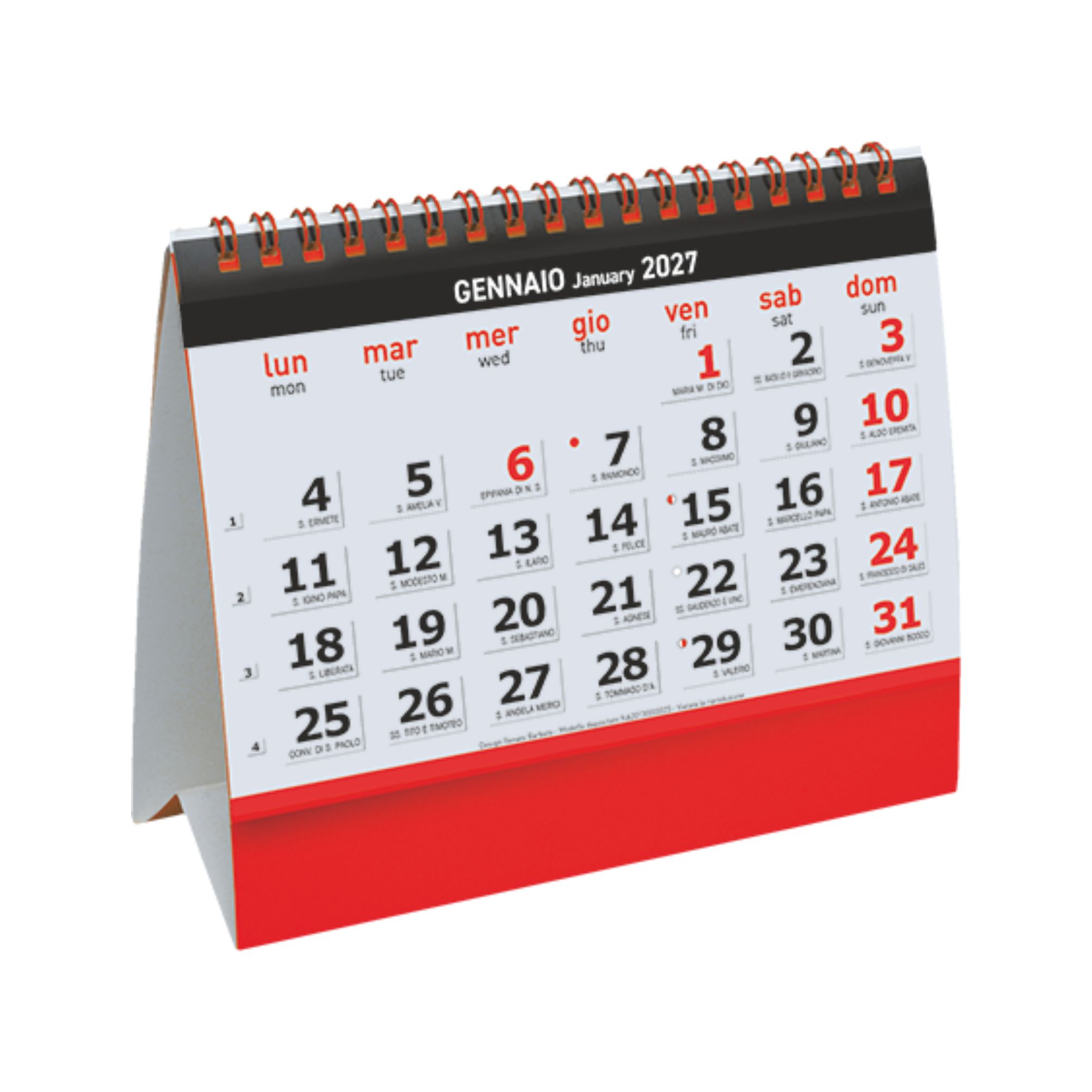 calendario da tavolo essential desk mensile 12 fogli carta patinata 130g piedino personalizzabile rosso