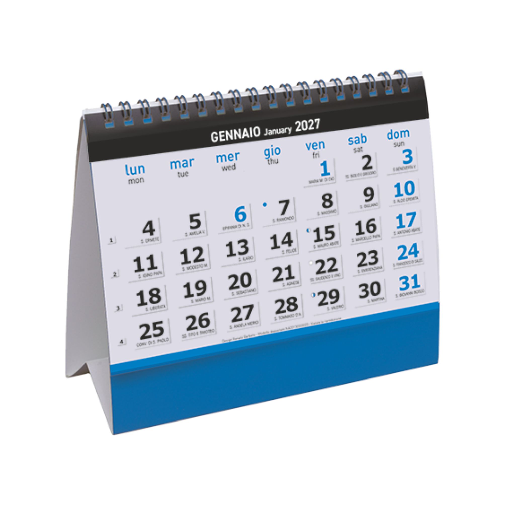calendario da tavolo essential desk mensile 12 fogli carta patinata 130g piedino personalizzabile blu