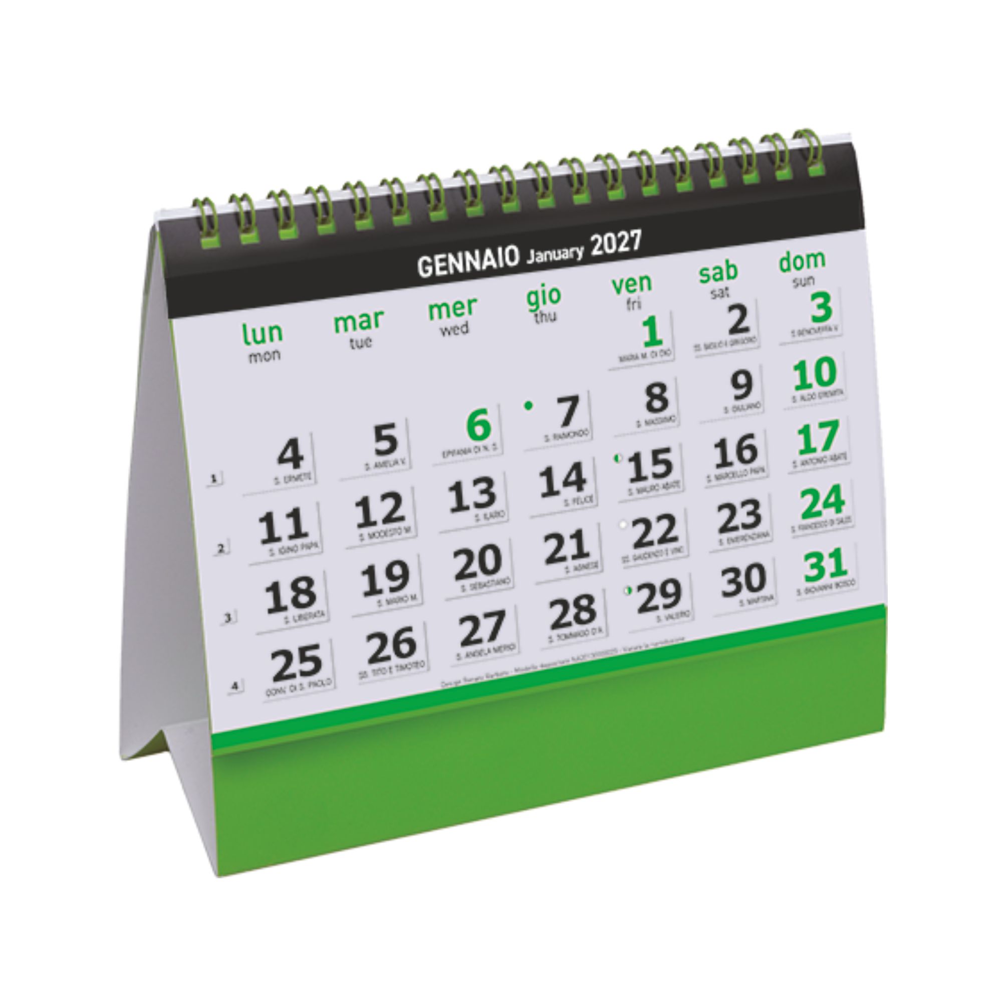 calendario da tavolo essential desk mensile 12 fogli carta patinata 130g piedino personalizzabile verde