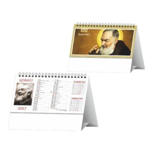 fronte retro del calendario padre pio da tavolo trimestrale 13 fogli carta patinata opaca piedino personalizzabile