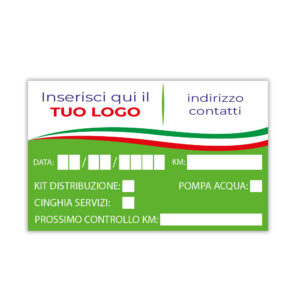 Etichetta adesiva verde per officina meccanica, personalizzabile con logo e contatti, specifica per il promemoria della sostituzione cinghia distribuzione e pompa acqua