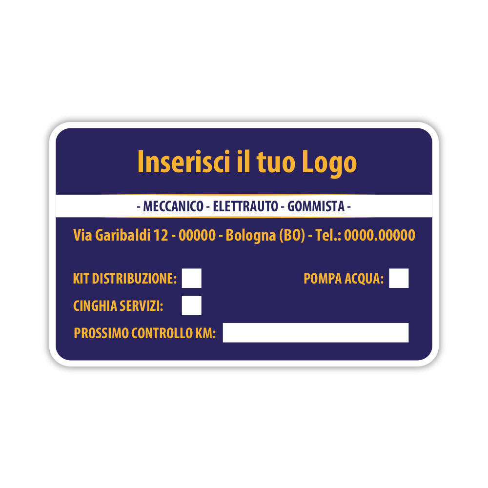 Etichetta per sostituzione cinghia distribuzione fondo blu con scritte arancioni adesivo personalizzato per manutenzione auto e officine