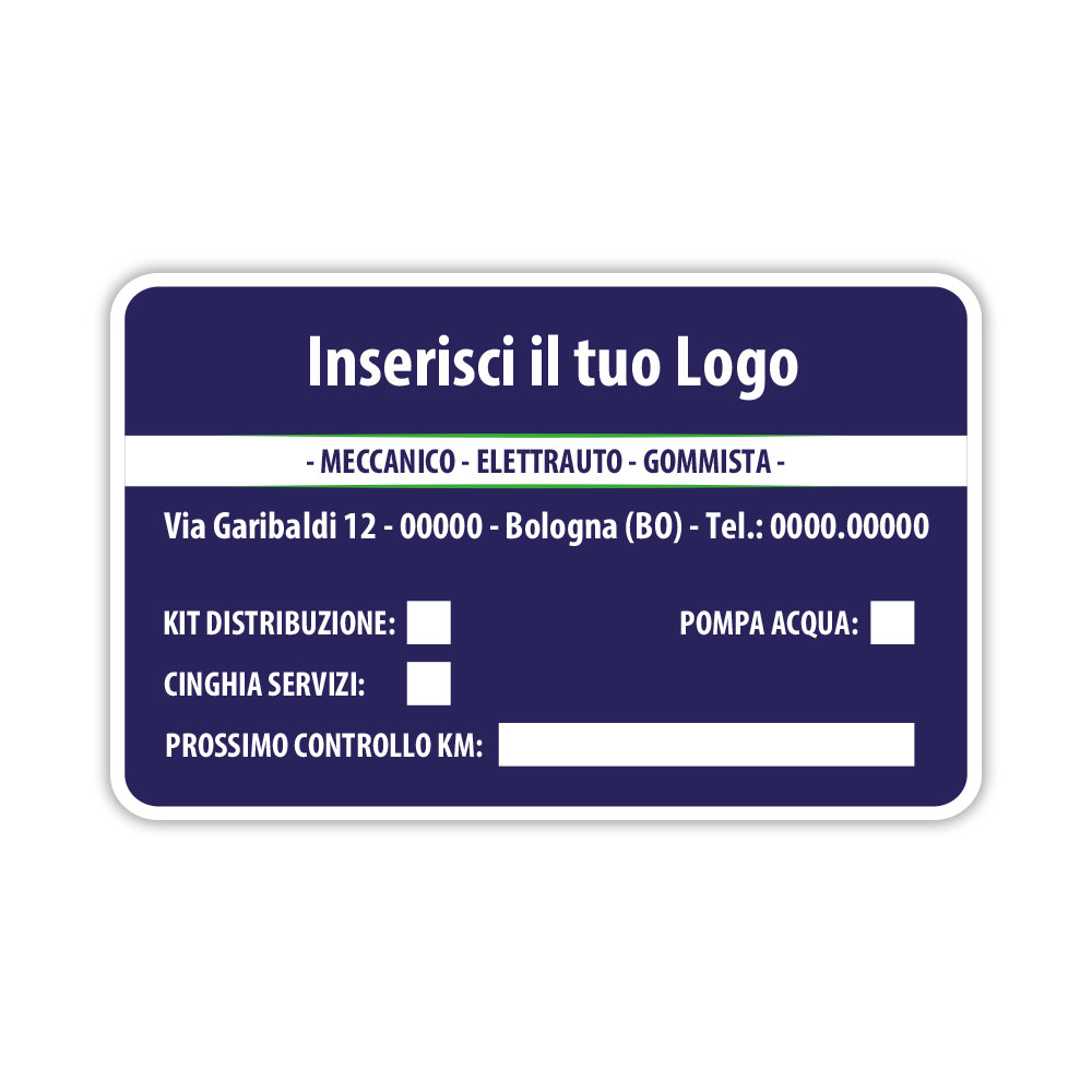 Etichetta adesiva per controllo distribuzione fondo blu con scritte bianche personalizzabile per officina meccanica e segnalazione prossimo tagliando