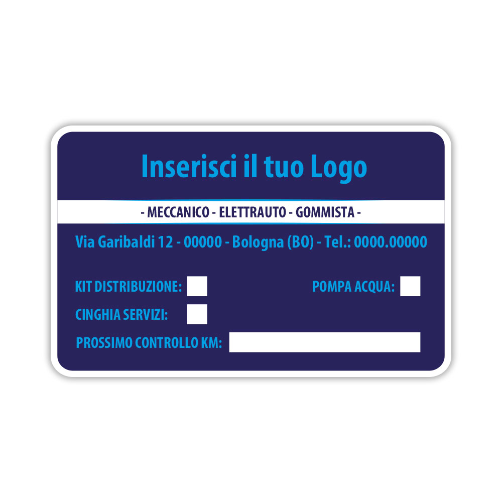 Etichetta manutenzione cinghia distribuzione fondo blu con scritte celeste personalizzabile per officina gommista ed elettrauto