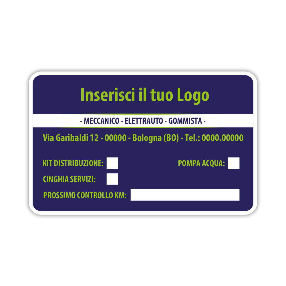 Etichetta adesiva professionale per controllo cinghia distribuzione fondo blu e scritte verdi personalizzabile per officina meccanica