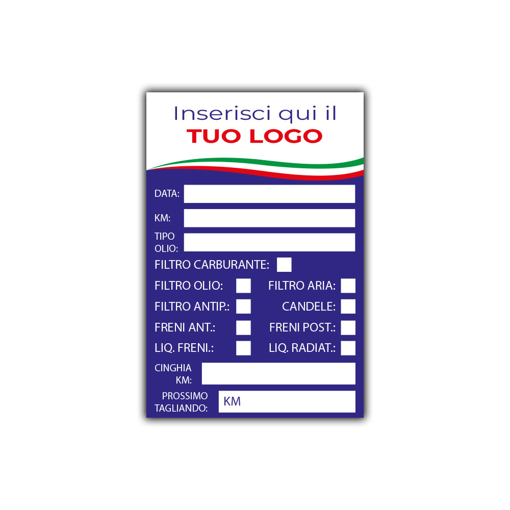 Etichetta tagliando auto blu personalizzabile con logo per promemoria manutenzione e cambio olio