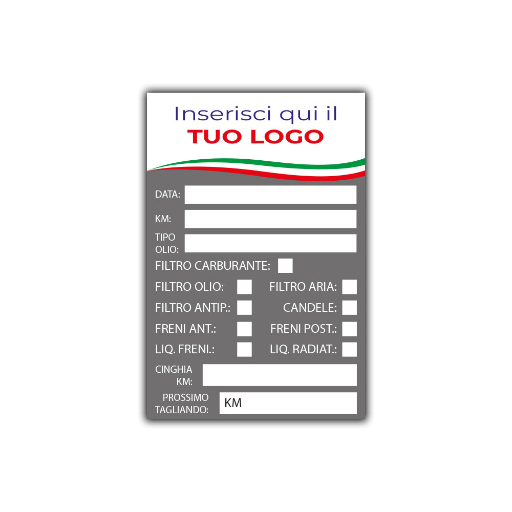 Etichetta tagliando auto grigio personalizzabile con logo per promemoria manutenzione e cambio olio