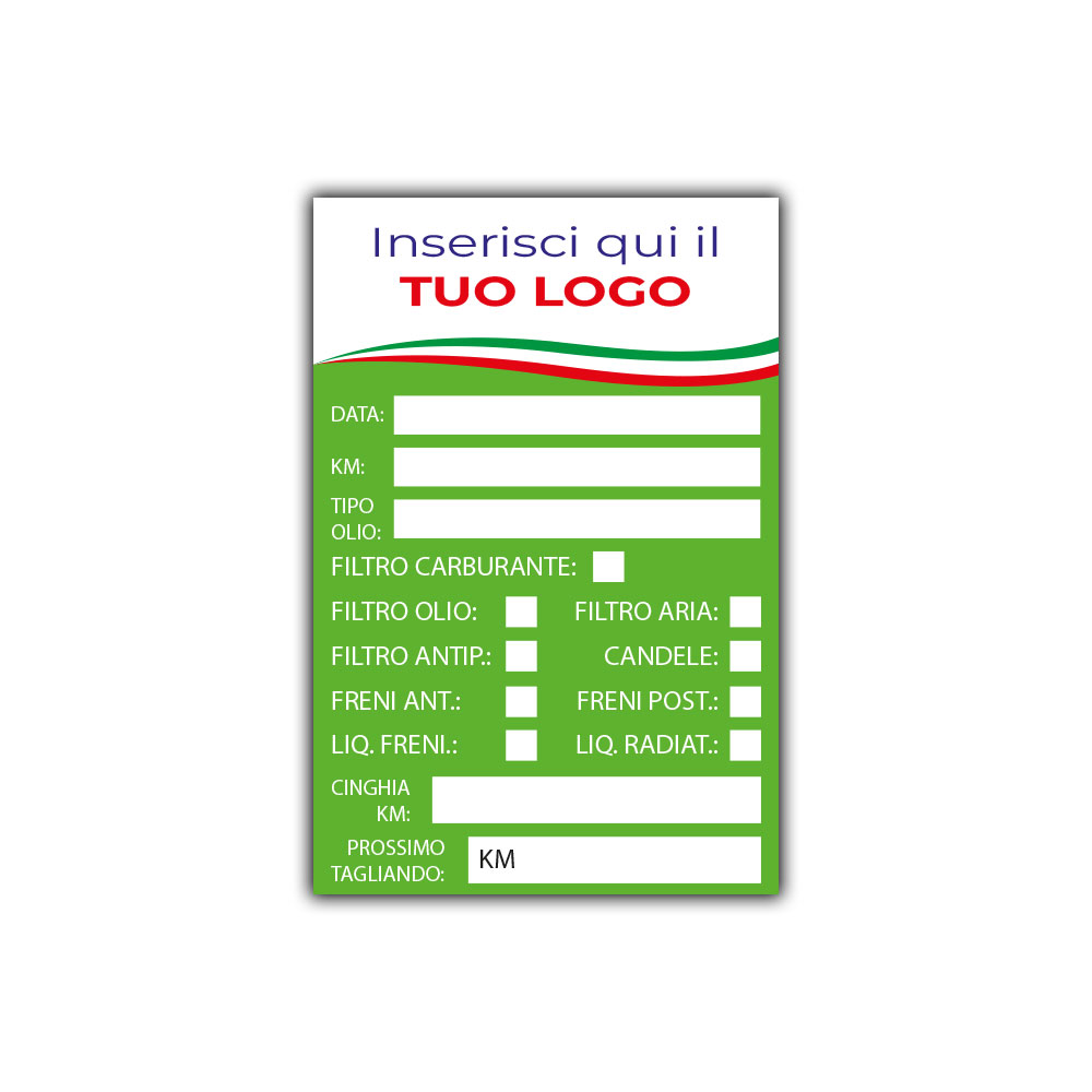 Etichetta tagliando auto verde personalizzabile con logo per promemoria manutenzione e cambio olio