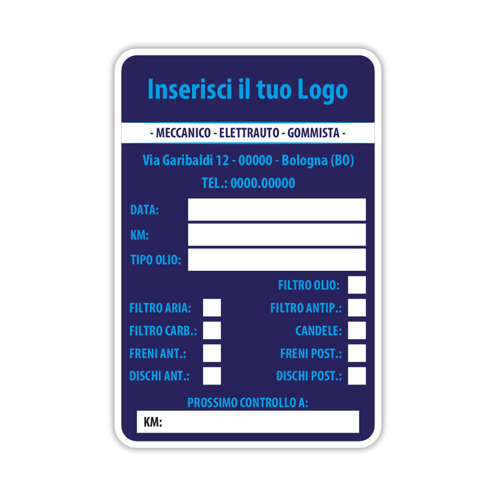 Etichetta adesiva per tagliando auto personalizzata con fondo blu scuro e scritte celeste per officina meccanica