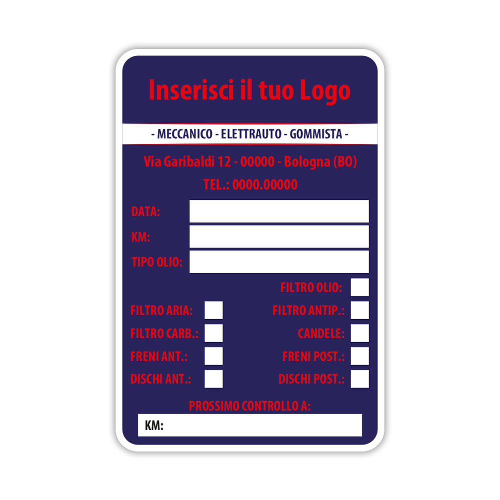 Etichetta promemoria tagliando auto personalizzata con fondo blu navy e scritte rosse a contrasto per officine