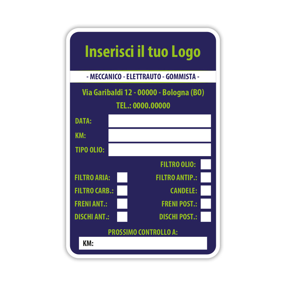 etichetta tagliando auto personalizzata con fondo blu navy e scritte verde acido per officine meccaniche
