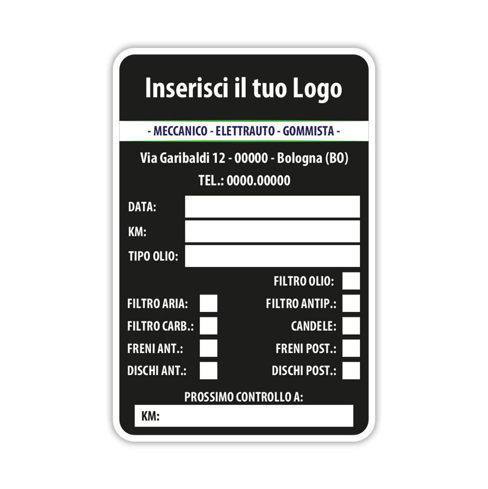 Etichetta tagliando auto personalizzata fondo nero con scritte bianche classiche per officina meccanica, elettrauto e gommista