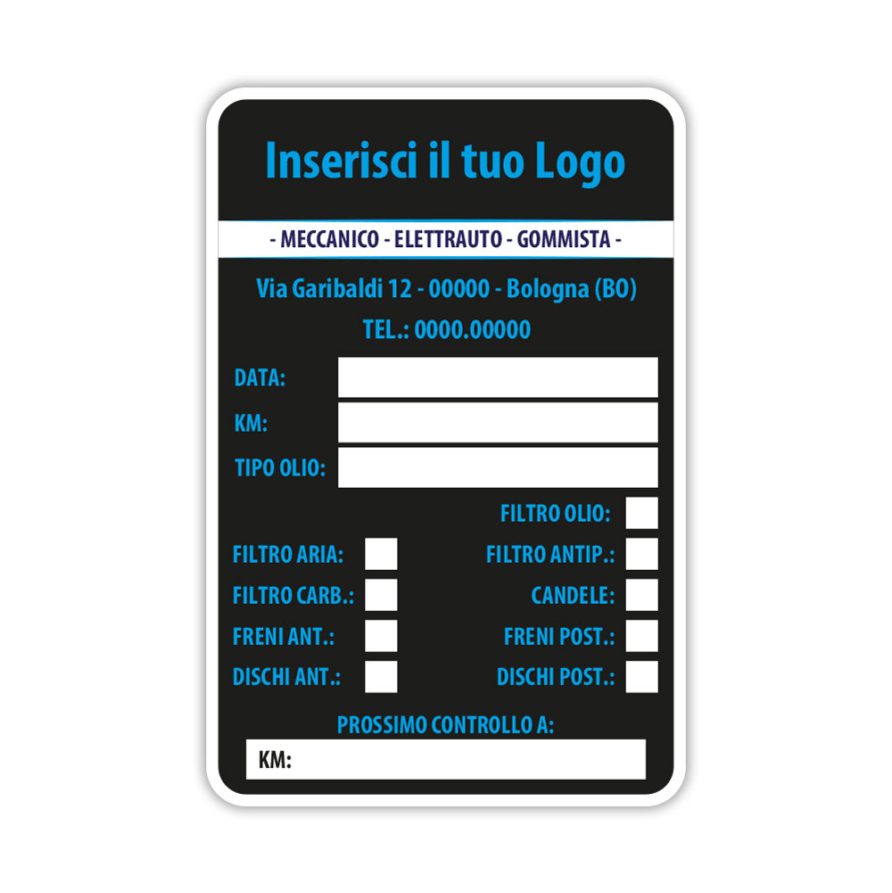 Adesivo tagliando auto personalizzato fondo nero con scritte azzurre per officine meccaniche e elettrauto