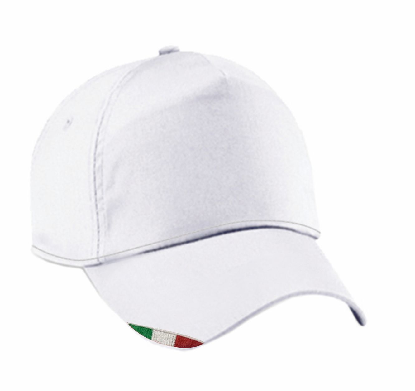 Cappellino bianco 5 pannelli in cotone 170gr con bandiera italiana ricamata sulla visiera e chiusura regolabile