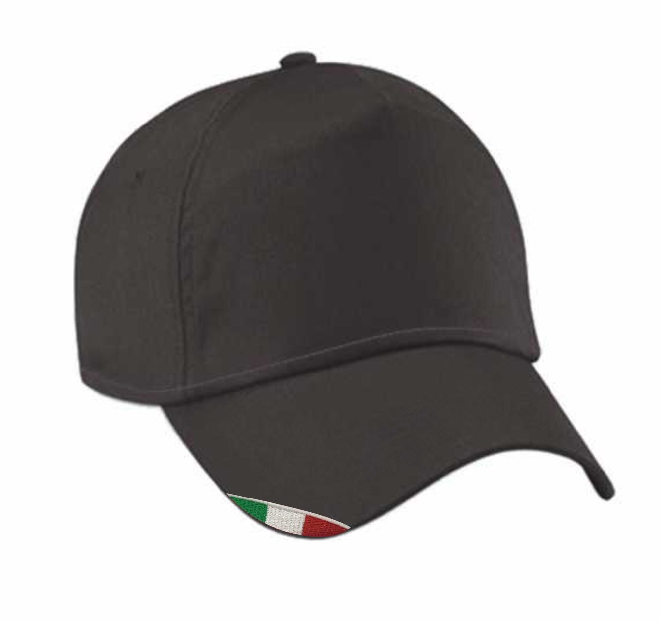 Cappellino nero 5 pannelli in cotone 170gr con bandiera italiana ricamata sulla visiera e chiusura regolabile