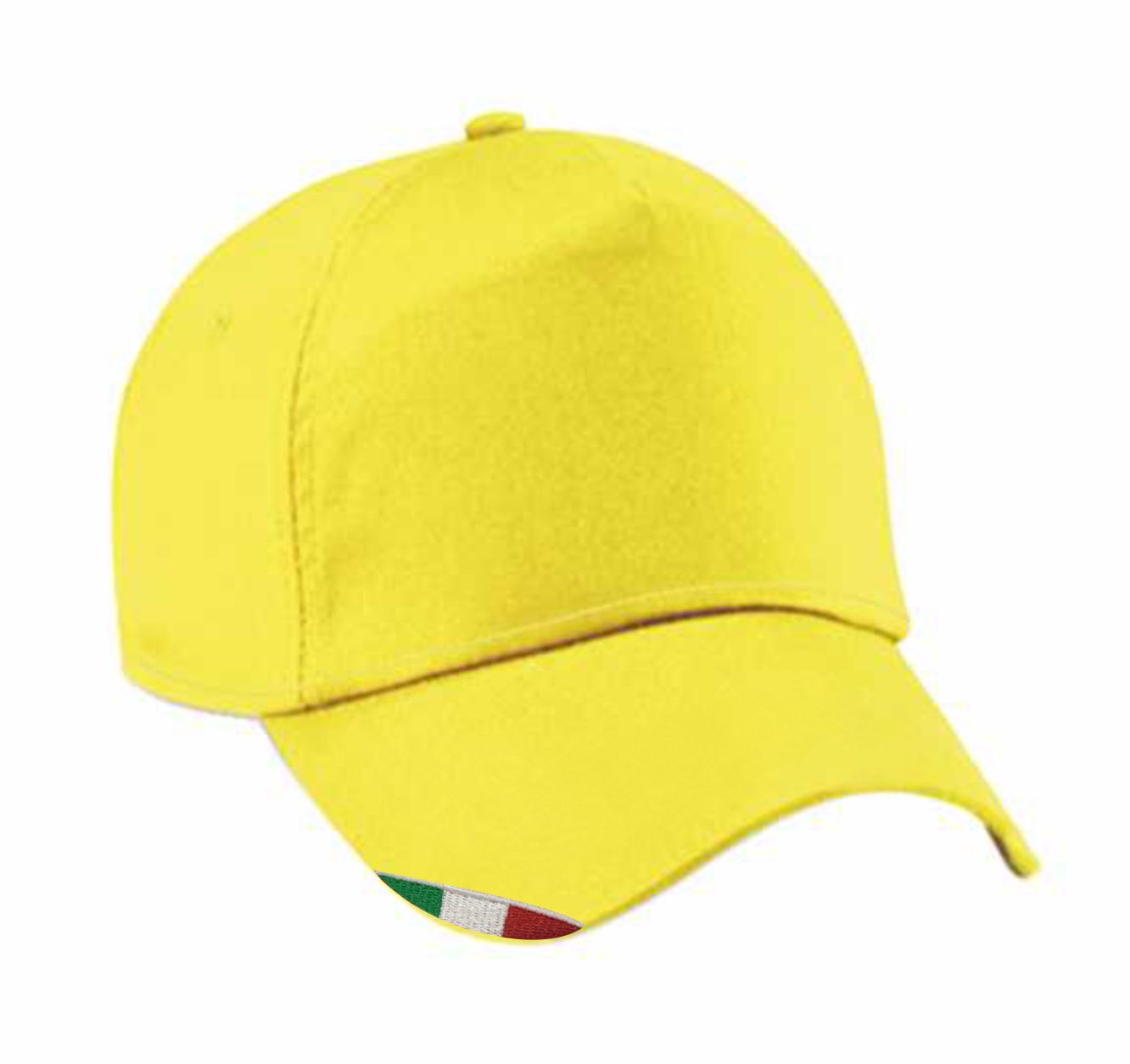 Cappellino giallo 5 pannelli in cotone 170gr con bandiera italiana ricamata sulla visiera e chiusura regolabile