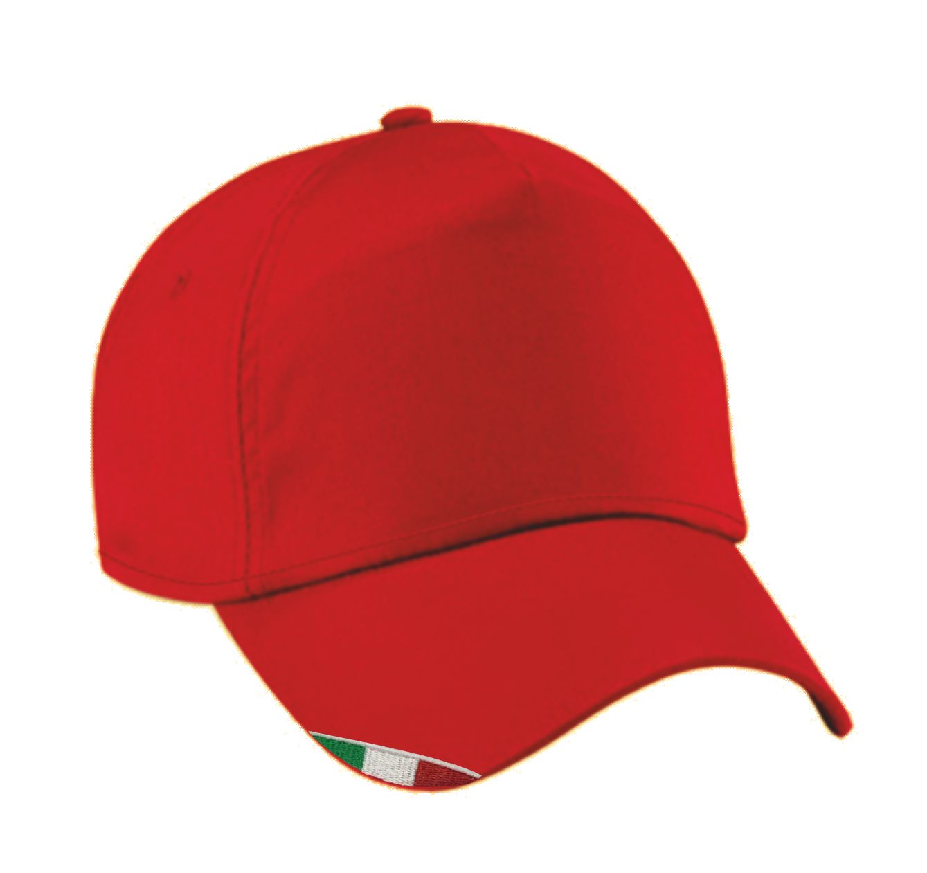 Cappellino rosso 5 pannelli in cotone 170gr con bandiera italiana ricamata sulla visiera e chiusura regolabile