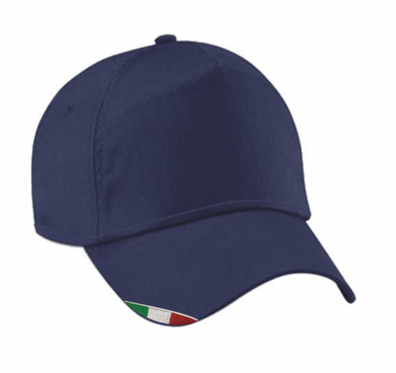 Cappellino blu 5 pannelli in cotone 170gr con bandiera italiana ricamata sulla visiera e chiusura regolabile
