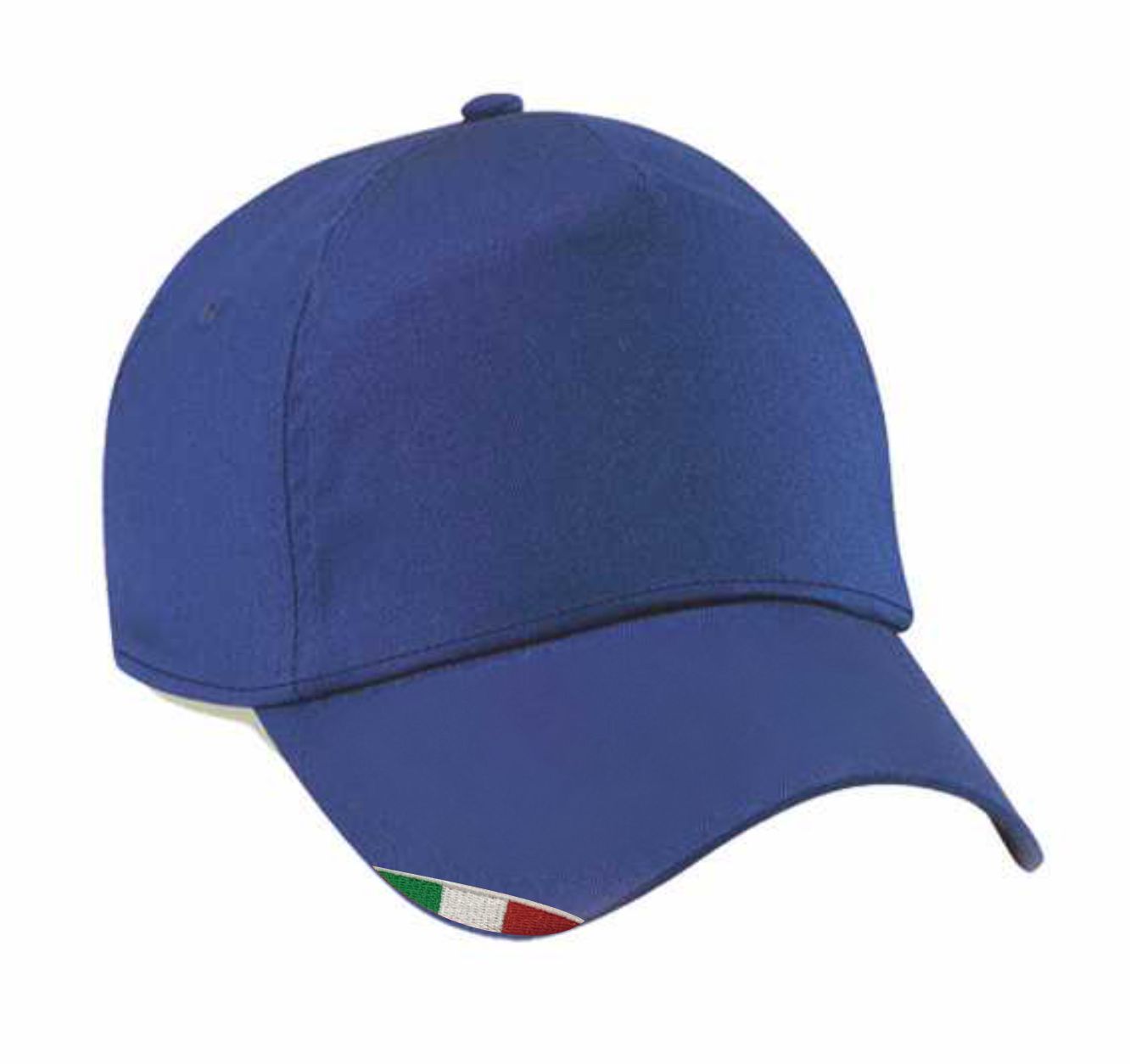 Cappellino blu royal 5 pannelli in cotone 170gr con bandiera italiana ricamata sulla visiera e chiusura regolabile