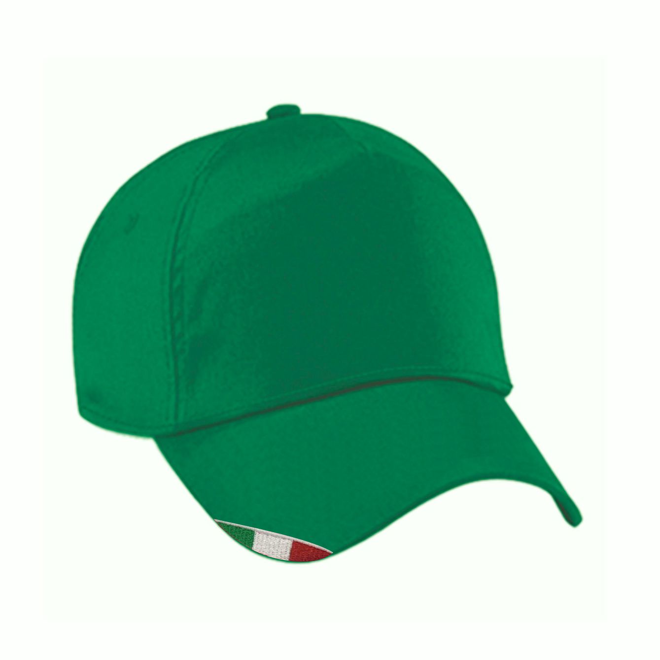 Cappellino verde 5 pannelli in cotone 170gr con bandiera italiana ricamata sulla visiera e chiusura regolabile