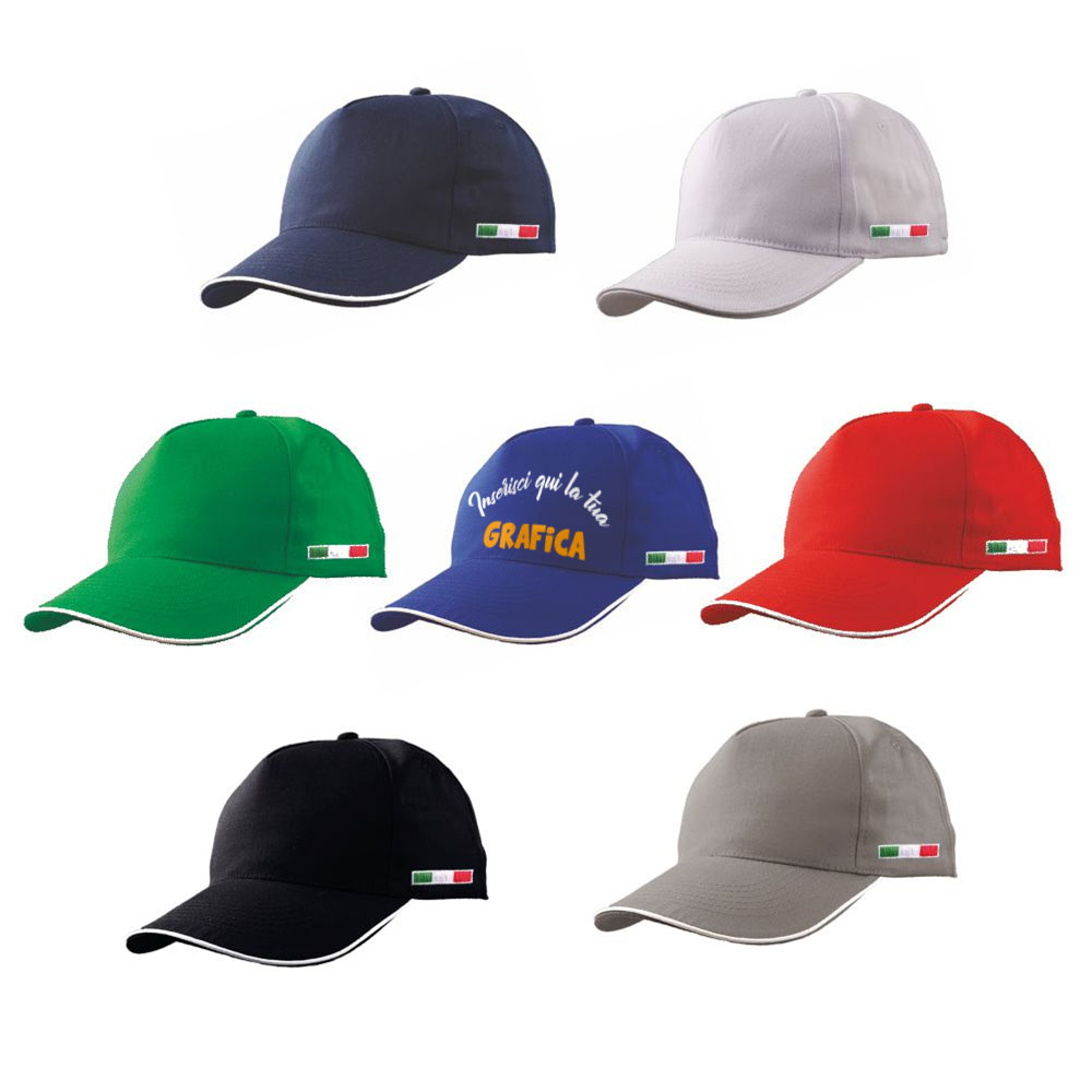 Gamma colori cappelli golf 5 pannelli in cotone con bandiera italiana ricamata laterale e visiera con profilo bianco