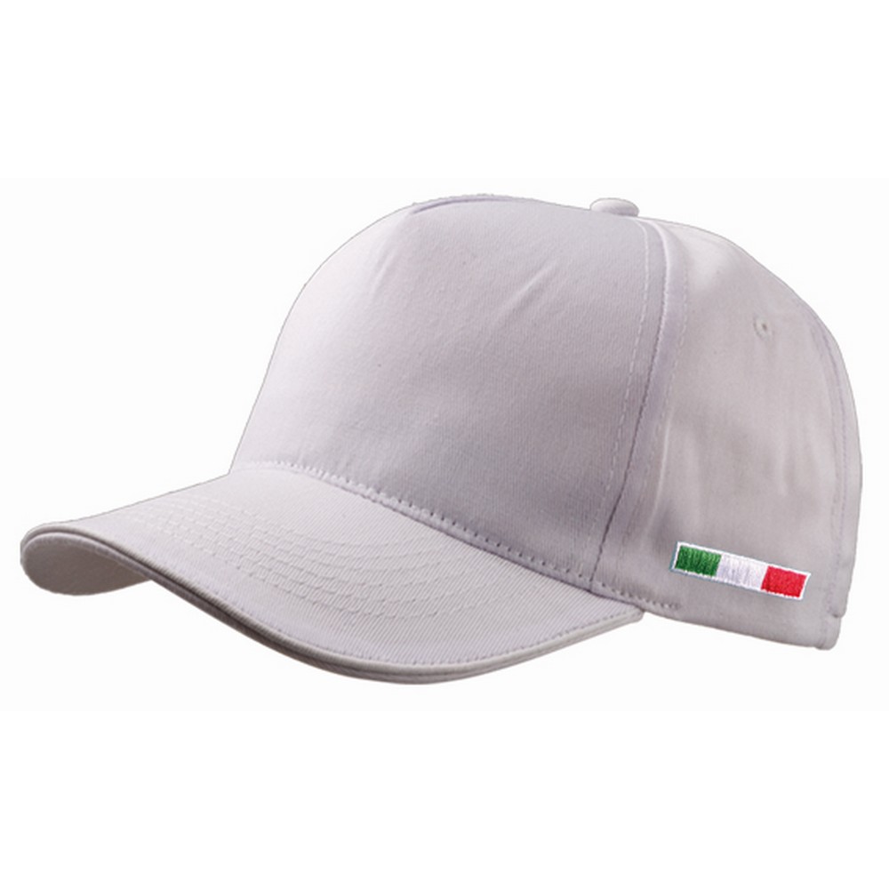 Cappello golf bianco 5 pannelli in cotone con bandiera italiana ricamata e visiera con profilo bianco