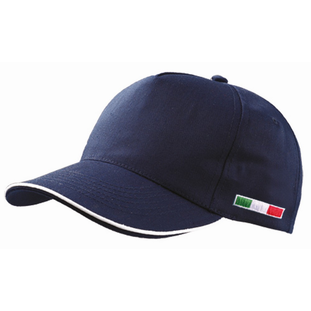 Cappello golf blu 5 pannelli in cotone con bandiera italiana ricamata e visiera con profilo bianco