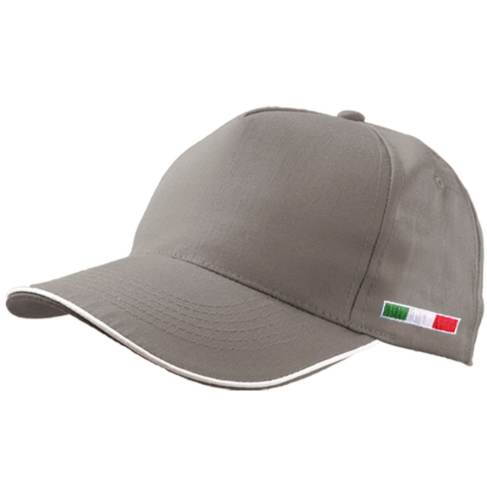 Cappello golf grigio 5 pannelli in cotone con bandiera italiana ricamata e visiera con profilo bianco