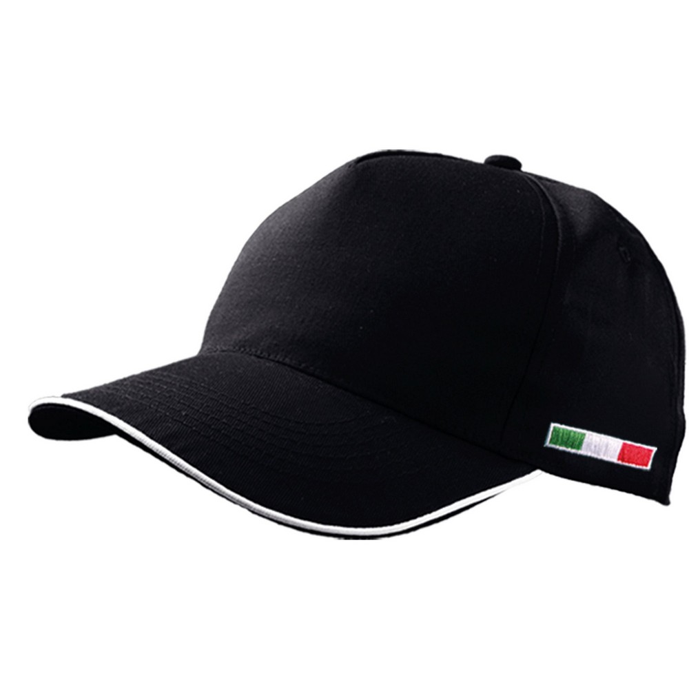 Cappello golf nero 5 pannelli in cotone con bandiera italiana ricamata e visiera con profilo bianco