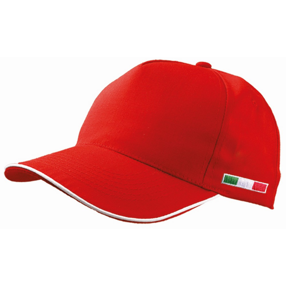Cappello golf rosso 5 pannelli in cotone con bandiera italiana ricamata e visiera con profilo bianco
