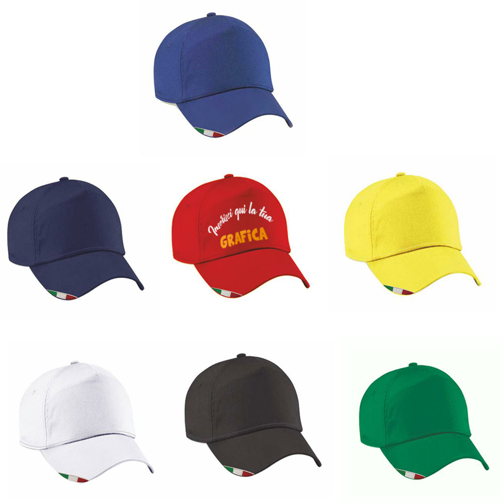 Assortimento colori cappelli 5 pannelli in cotone con bandiera italiano ricamato sulla visiera e stampa personalizzabile