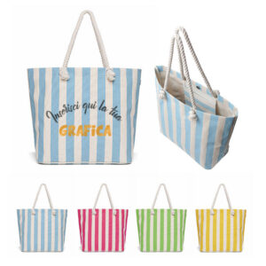 Borsa mare personalizzata in canvas a righe verticali colorate con manici in corda